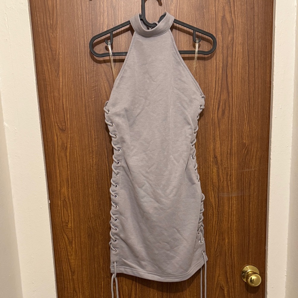 Fashion Nova Light Gray Lace Up Halter Dress